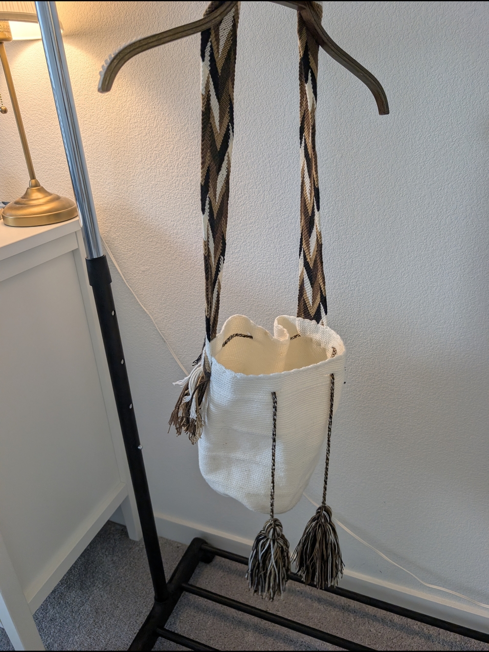 Handwoven White Bucket Crossbody Bag with Brown Chevron Strap